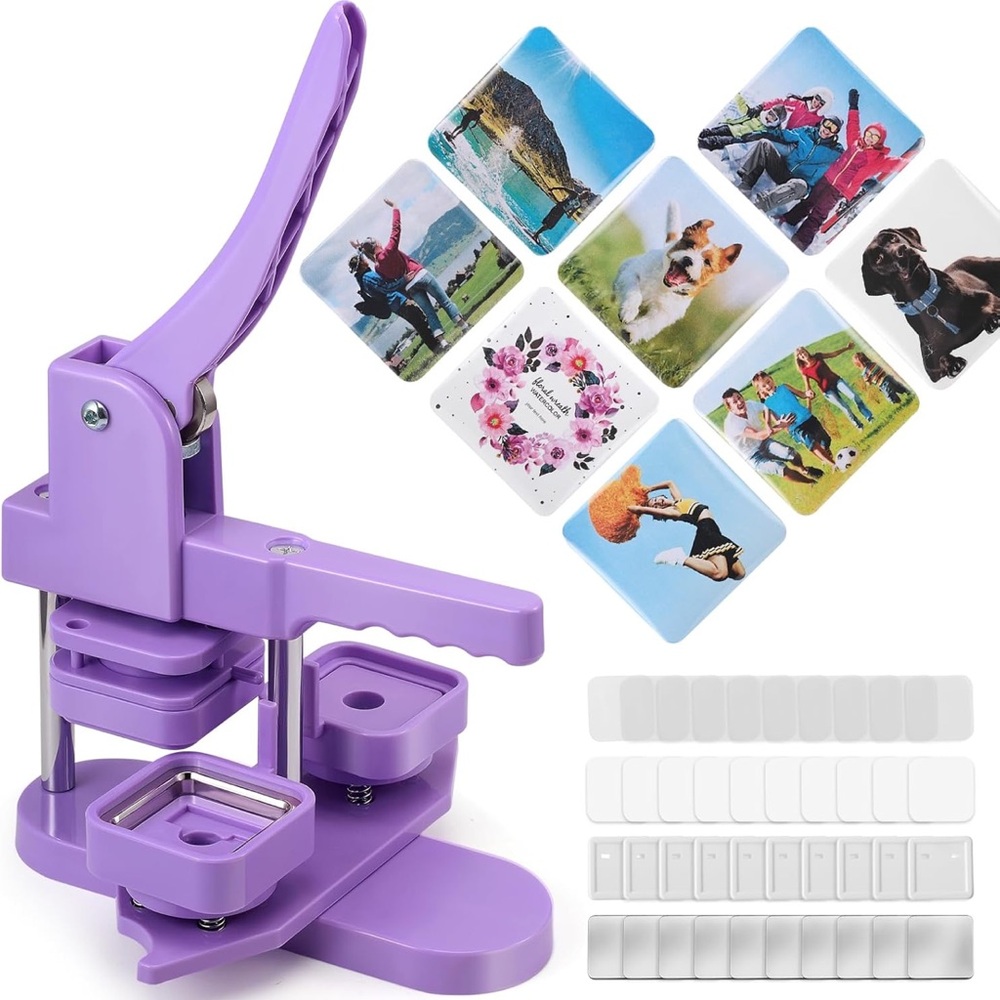 BRAND NEW IN BOX Square Button Maker Machine with 100 Pin Badge Making Supplies